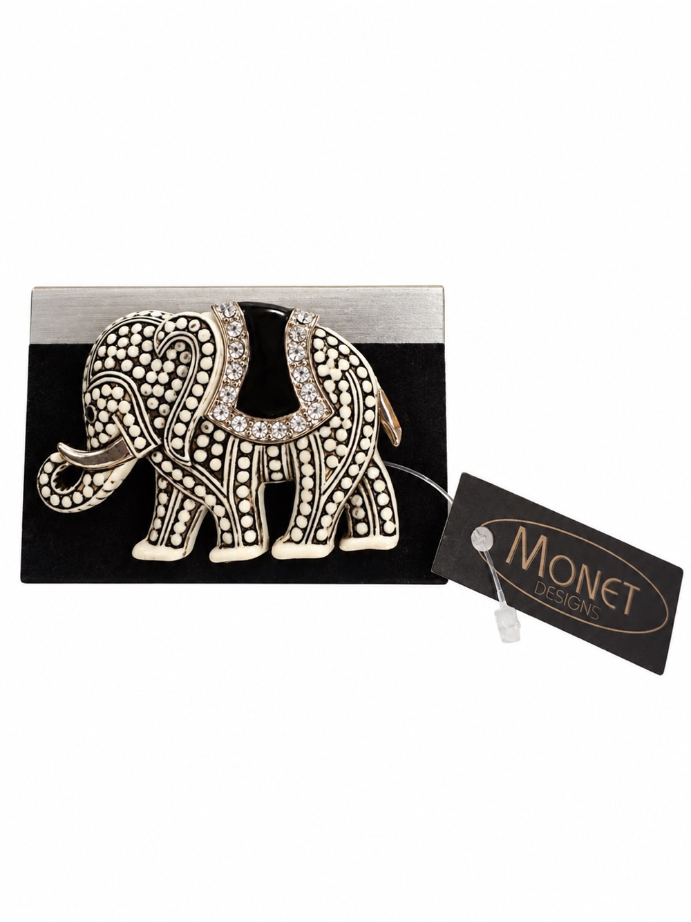 Monet Ivory and Black Elephant Brooch with Crystal Accents • NEW WITH TAGS